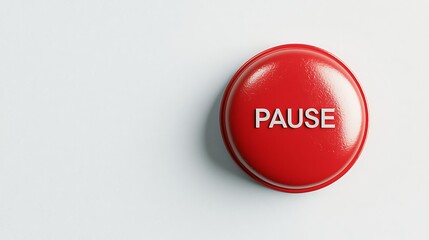 A bright red button labeled "PAUSE" on a neutral background, symbolizing the action of halting or stopping something.