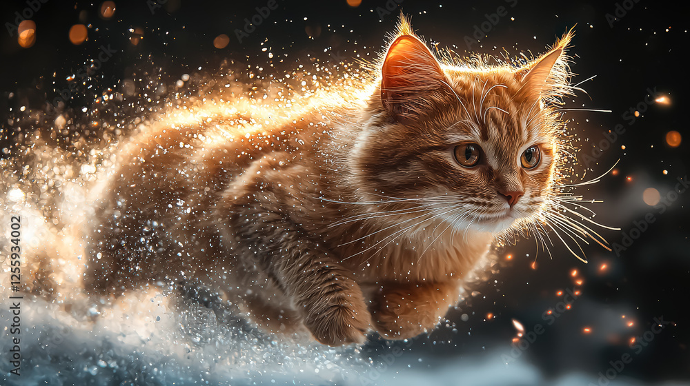 Poster cat is running through a cloud of glitter. the cat is in the center of the image and is surrounded b