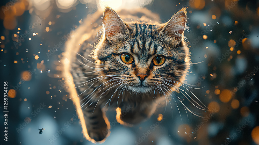 Poster cat is leaping through the air with its eyes open. the cat is in a blurry frame, and the background 