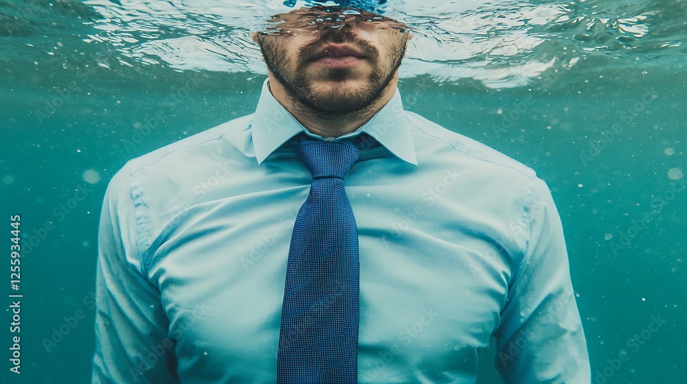 Poster a man in formal attire is submerged in water, creating a striking contrast between professionalism a