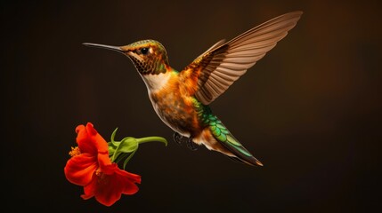 Fototapeta premium Close Up of Rufous Hummingbird Tongue Collecting Nectar from Flower in Flight - Wildlife and Nature Photography
