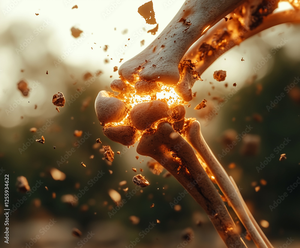 Poster hyper realistic 3d render of human knee bone, showcasing intricate details and dynamic lighting effe