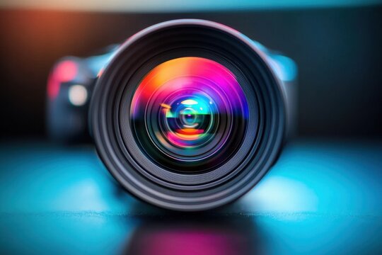 Artificial intelligence and machine learning, technology. Camera lens with colorful reflections and blurred background.