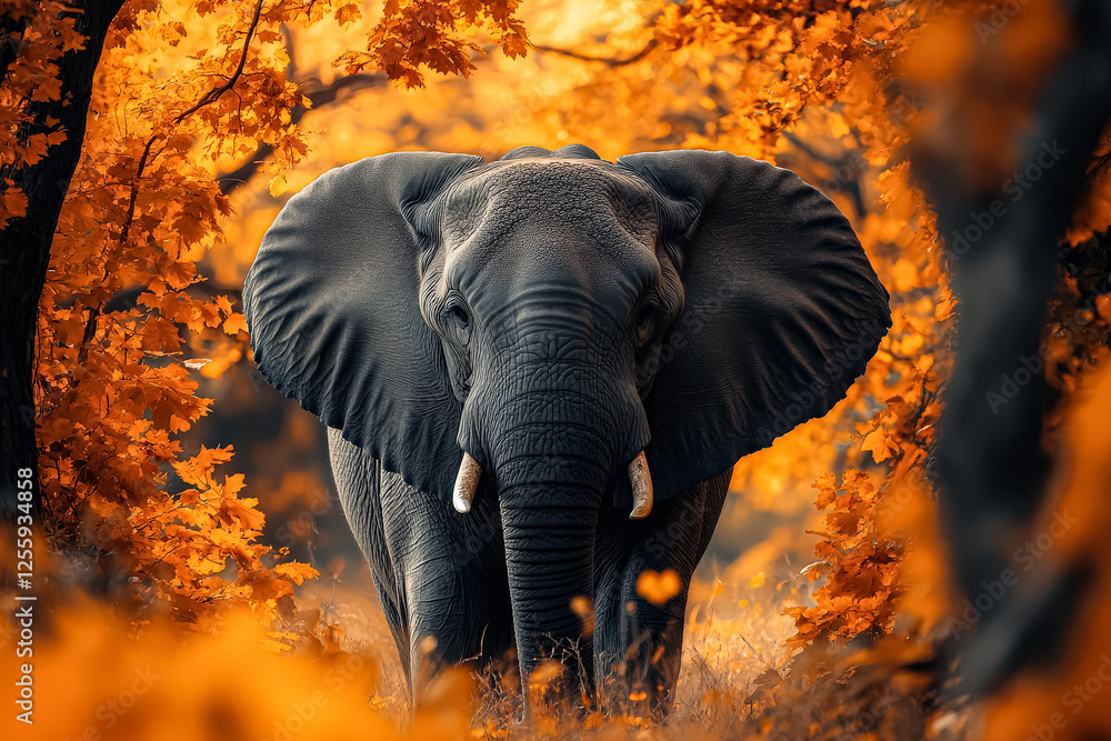 Poster large elephant is walking through a forest with trees in the background. the elephant is the main fo