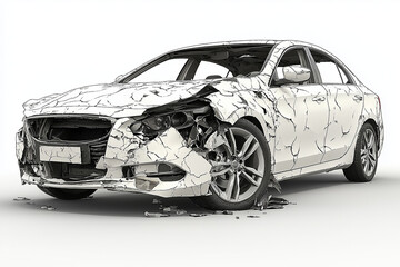 Damaged car with visible dents and safety issues, showcasing significant impact. vehicle exterior is cracked and deformed, highlighting need for repair and assessment