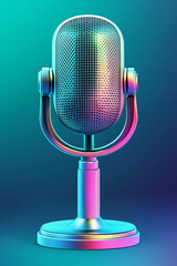 Vintage microphone shines under colorful studio lights: broadcasting nostalgic vibes