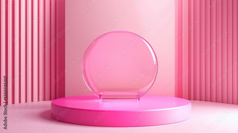 Poster a sleek circular display stand is positioned on a vibrant pink platform, surrounded by textured pink