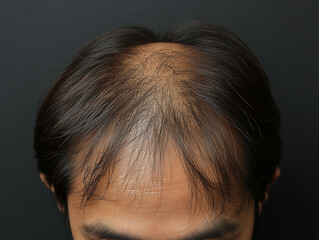 Hair loss in men, thinning hair, receding hairline, scalp view, dark hair, male pattern baldness, hair restoration, hair transplant, grooming, hair care