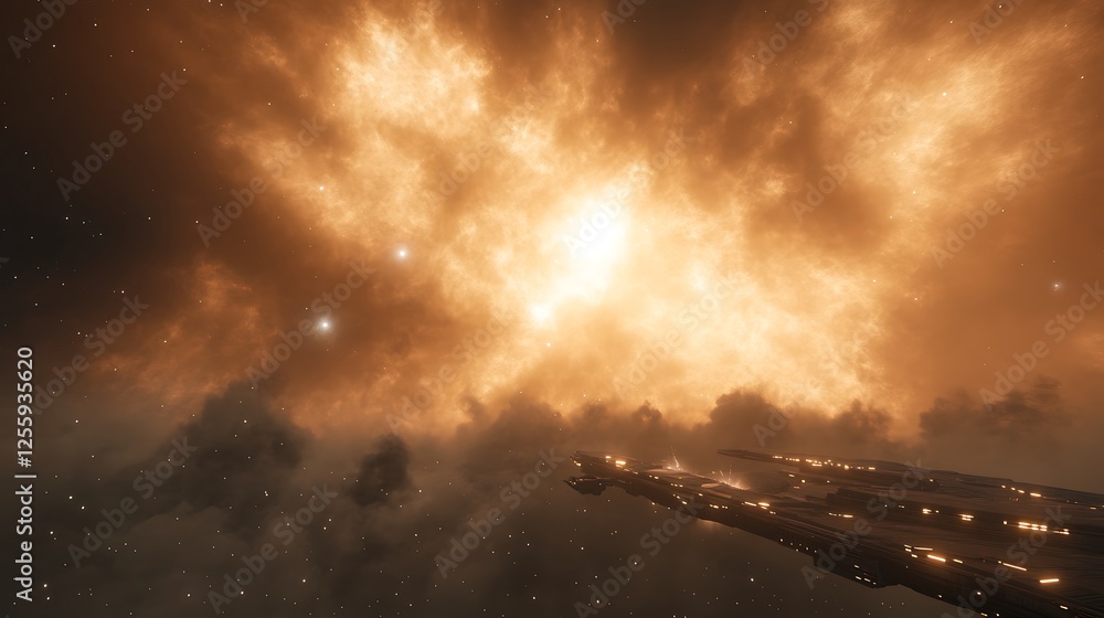 Aufkleber A captivating cosmic scene featuring a glowing nebula with vibrant colors, set against a backdrop of stars and distant celestial bodies.