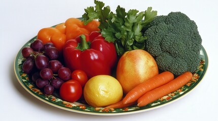 An assortment of fruits and vegetables is beautifully arranged on a decorative plate, surrounded by leafy greens and flowers. The composition emphasizes natural produce and healthy eating.