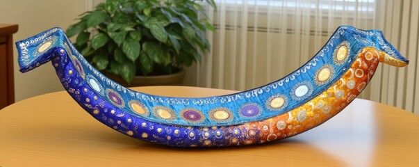 Colorful crescent-shaped decorative bowl on table.  Home decor