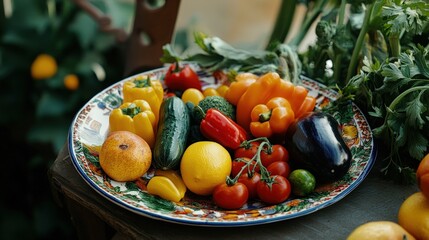 An assortment of fruits and vegetables is beautifully arranged on a decorative plate, surrounded by leafy greens and flowers. The composition emphasizes natural produce and healthy eating.