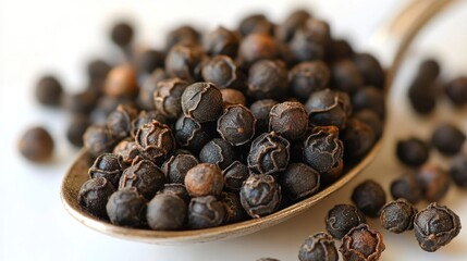 Fototapeta premium Black peppercorns on spoon, close-up, scattered peppercorns in background. Possible use culinary, food