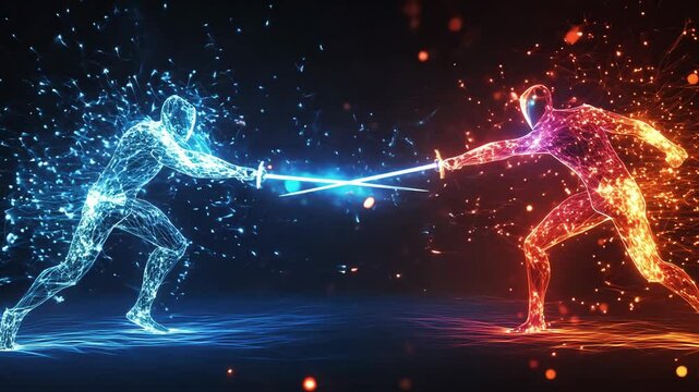 Two luminous fencers figures engage in an intense combat with energy swords, set against a dark backdrop illuminated with sparks and particles