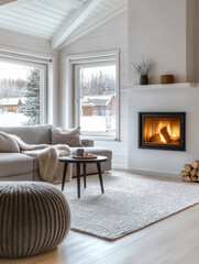 Fototapeta premium Modern living room with burning fireplace and winter view