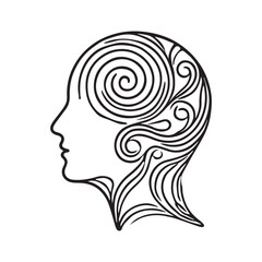 negative space line drawing of a human head silhouette with a swirl inside white background.