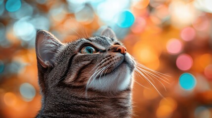 Curious tabby cat looking up, autumn bokeh background, pet portrait (1)