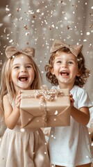 Happy twins open gift, confetti falls, beige background, celebration