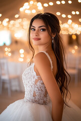 Naklejka premium Beautiful bride wearing white wedding dress posing in banquet hall with bokeh lights