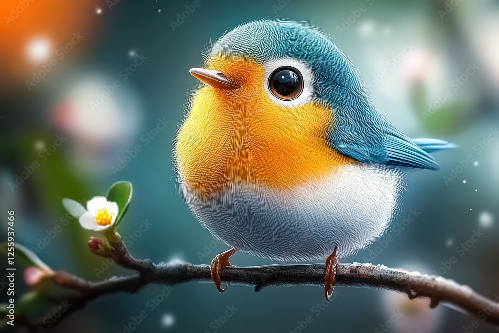 Poster cute bird with a flower in its beak. the bird is perched on a branch and he is enjoying the moment