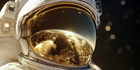space exploration reflection, an astronauts golden visor reflects the shuttle and earth during a spacewalk, with the cosmic darkness softly blurred