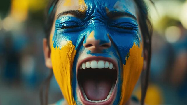 Emotional woman shouting with vivid blue and yellow face paint at an energetic gathering