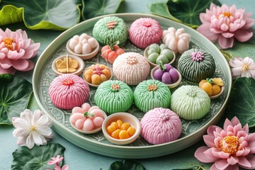 Colorful Thai desserts on tray, lotus flowers background, food photography, recipe