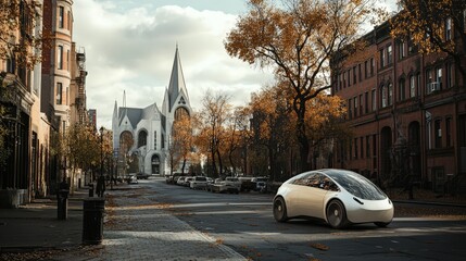 Obraz premium A futuristic car with a sleek design is parked on a street in a city surrounded by tall buildings and trees. The atmosphere combines advanced technology with a peaceful urban setting.