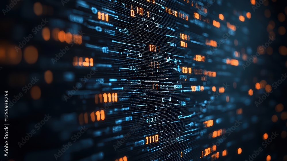 Poster futuristic digital data stream with blue and orange light patterns