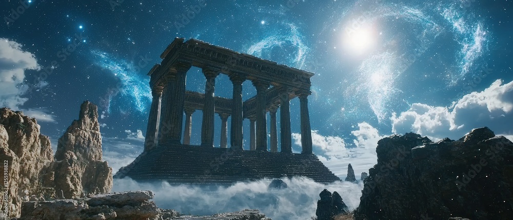 Poster ancient temple floating in space surrounded by stars and cosmic clouds capturing the beauty of the u