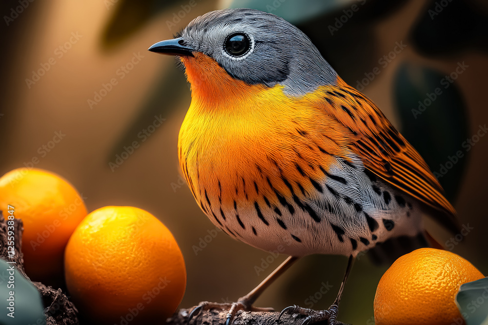 Poster bird is perched on a branch with oranges in front of it. the oranges are ripe and ready to be eaten.