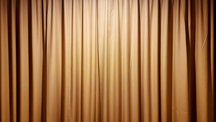 A luxurious, textured golden fabric curtain, draped in soft folds and illuminated with a subtle...