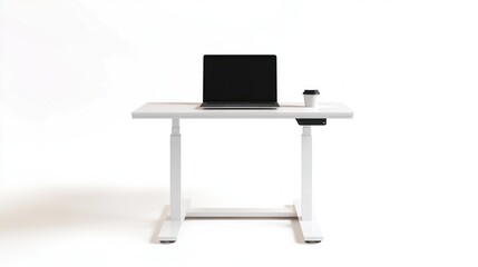 Fototapeta premium Minimalist white adjustable standing desk setup with laptop and coffee