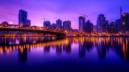 Obraz premium Vibrant city skyline at dusk with illuminated buildings and reflections on the water surface