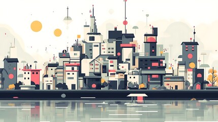 Obraz premium Stylized Cityscape Beside Calm Water Reflecting Buildings