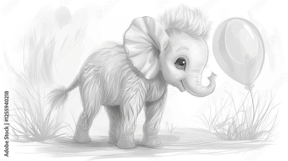 Wall mural A cute baby elephant holding a balloon