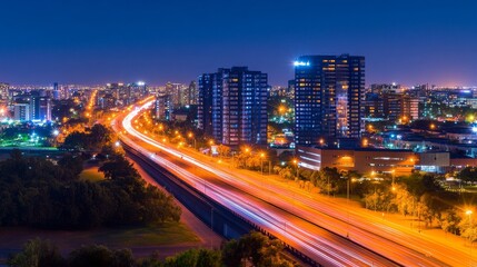 Obraz premium Nighttime cityscape showcasing vibrant light along a busy highway with modern buildings in the background