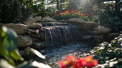 Serene indoor waterfall, lush plants, garden. Relaxing nature scene