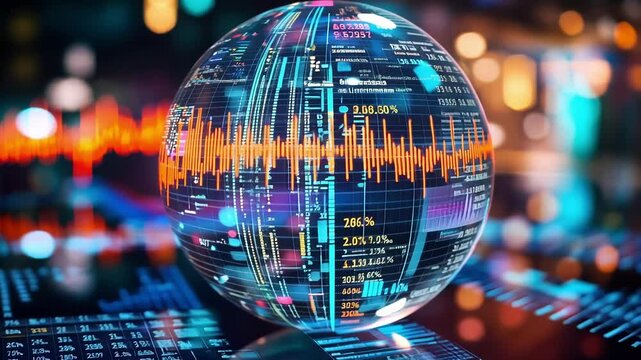 A crystal orb displaying metrics and analytics that rotate dynamically embodying the essence of datadriven decisionmaking within finance.