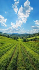 Lush regenerative farm landscape with diverse crops under bright blue sky panoramic wideangle view nature agriculture sustainability