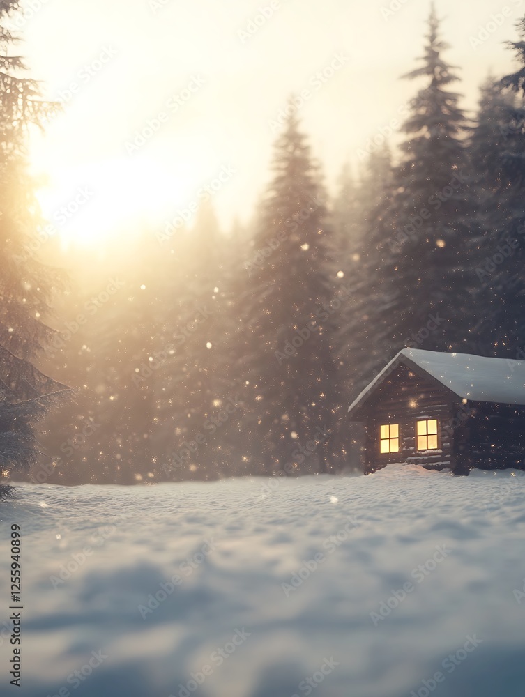 Poster a cozy cabin in a snowy forest, illuminated by sunlight, creating a warm and inviting winter scene.