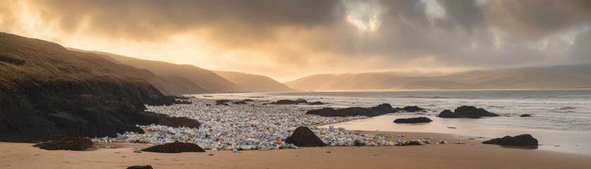 Stunning Sunset Over a Rocky Beach with Ocean Waves and Majestic Cliffs in the Background