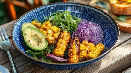Grilled corn, avocado, red onion salad, outdoor setting, healthy meal