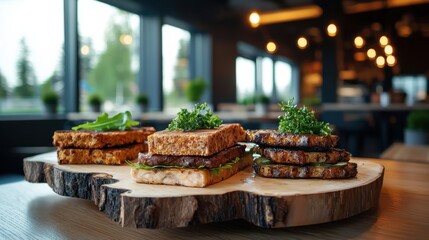 Vegan meat substitutes closeup cozy restaurant food photography warm lighting eye-level shot realistic presentation