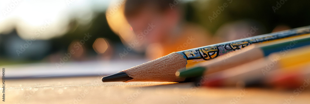 Poster close-up of sharpened colored pencil with blurred child in background