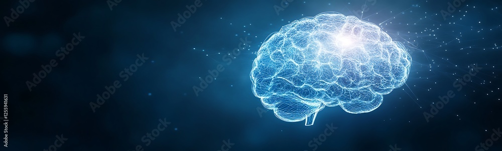 Poster a glowing blue brain illustration representing artificial intelligence and neural networks against a
