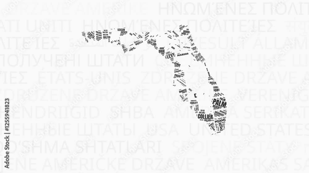 Poster florida intro animation. state with counties illustration video. background with state names in vari