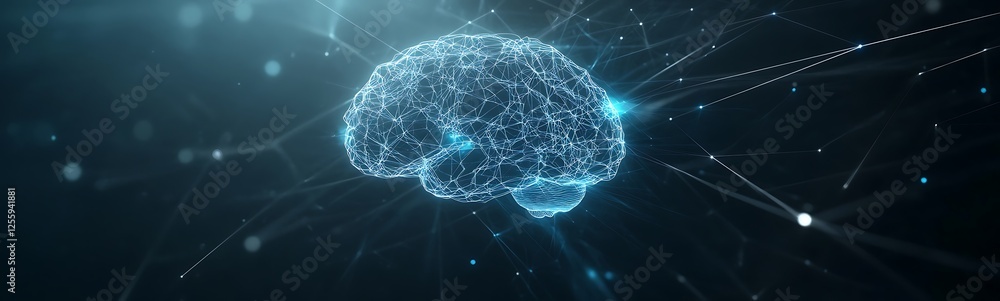 Poster A digital representation of a brain illuminated by blue light, symbolizing neural connections and advanced technology.