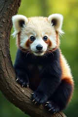 Fototapeta premium Adorable panda cub perched on tree branch, front view, sweet, charming, tiny