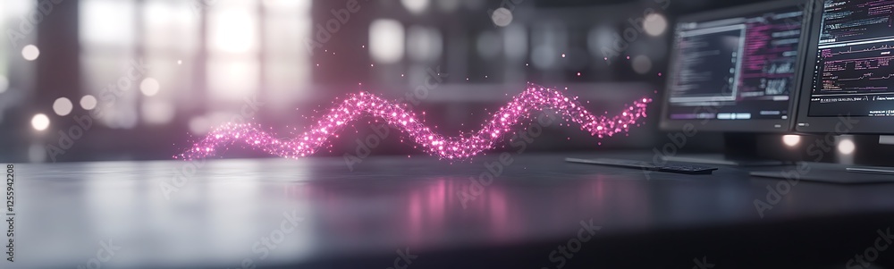Poster A digital wave of pink light pulses above a sleek surface, with computer screens displaying data analytics in a modern workspace.